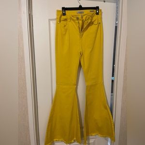 Yellow Judy Blue size 9 high rise bell bottoms/super flare with treated stains